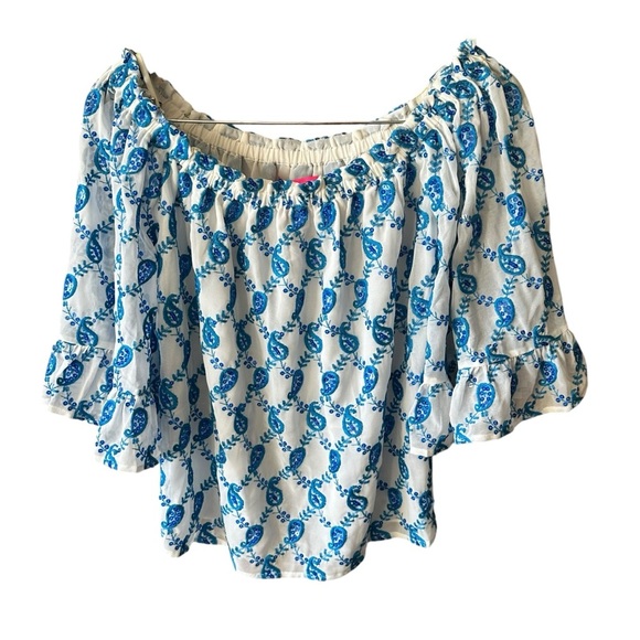 Lilly Pulitzer Alva Baha Blue Paisley Size Medium‎ Off Shoulder Preppy Summer - Picture 1 of 5